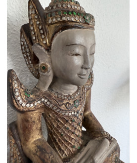 Large Seated Sandstone Buddha with Gilt Robe – Burma, Early 20th Century - AND313