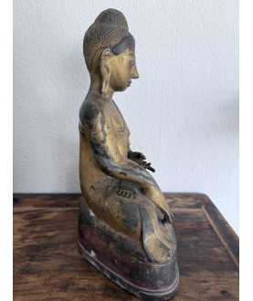 Mandalay Buddha i bronze med perlemorsøjne og forgyldning – Burma, 1800-tallet, 44 cm - BR344