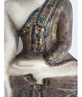 Antique Shan Mandalay Buddha in Alabaster with Blue Stone Inlay – Burma, 19th Century, 50 cm - A187