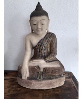 Antiker Shan Mandalay-Buddha aus Alabaster mit blauen Steinen – Burma, 19. Jahrhundert, 50 cm - A187