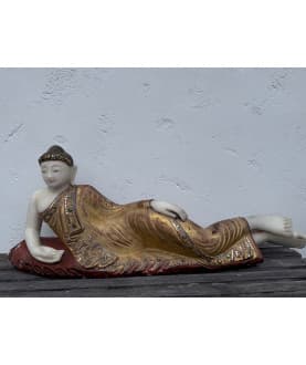 Large Reclining Mandalay Buddha in Alabaster with Gilding and Stone Inlay – Burma, 19th Century, 103 cm - A188