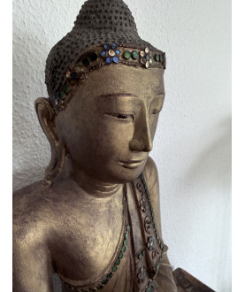 Tidlig Mandalay Buddha i bronze med forgyldning og sten – Burma, 1800-tallet, 46 cm - BR347