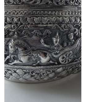 Antique Burmese silver bowl with court scenes and peacock – Sil-0220
