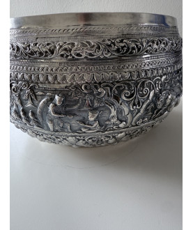 Antique Burmese silver bowl with court scenes and peacock – Sil-0220