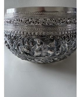 Antique Burmese silver bowl with court scenes and peacock – Sil-0220