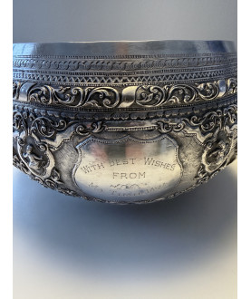 Large Burmese silver bowl with 6 scenes and greeting – Sil-0267