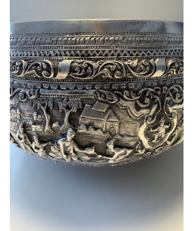 Large Burmese silver bowl with 6 scenes and greeting – Sil-0267