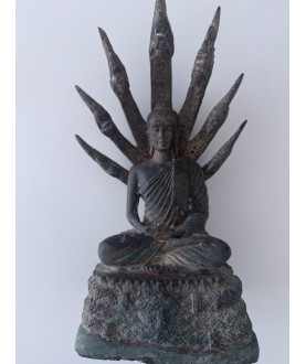 Antik Naga Buddha i bronze på flerdelt trone – Thailand, start 1900-tallet, 35 cm - BR362