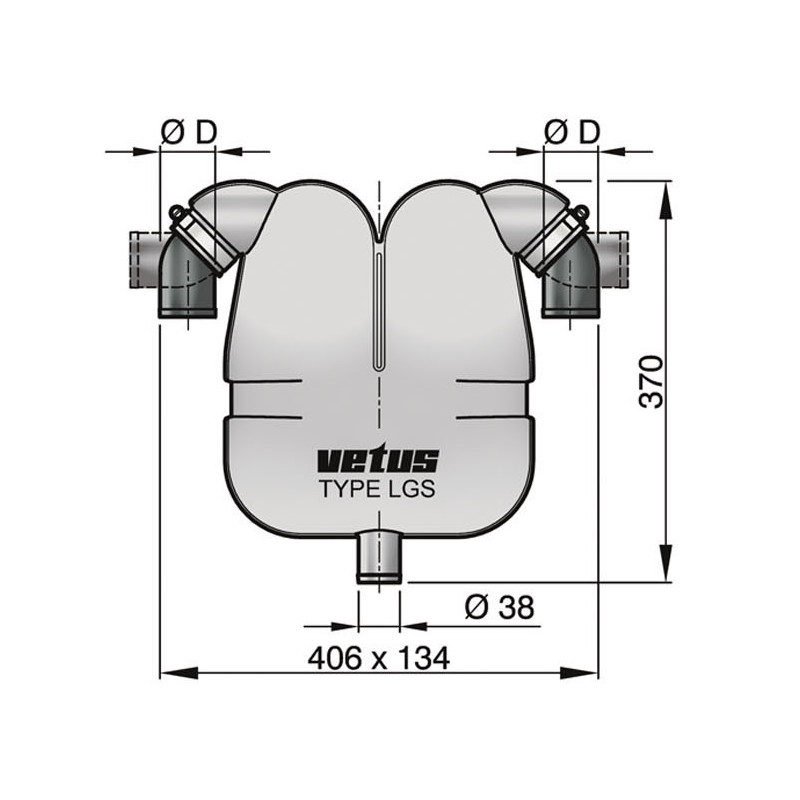 VETUS gas-/vattenavskiljare, 40 mm roterande anslutningar, 38 mm avlopp