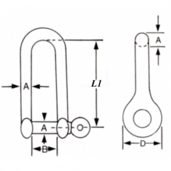 Lång D-schackel i rostfritt stål med säkrad bult AISI316 - 1