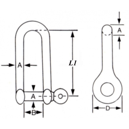 Lang D-sjækel i rustfrit stål med sikret bolt AISI316 - 2