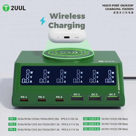 2uul PC11 110W Çoklu Bağlantı Noktalı PD + QC Masaüstü Şarj İstasyonu, 15W Kablosuz Şarj Özelliğiyle