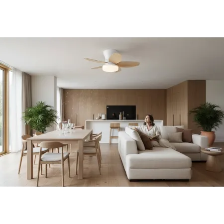 Ventilador Blanco-Madera Haran Alda Iluminacion
