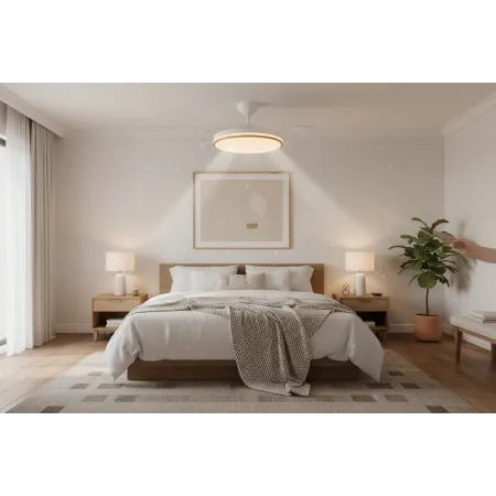 Ventilador Parlatore blanco-madera Control por voz Alda Iluminacion