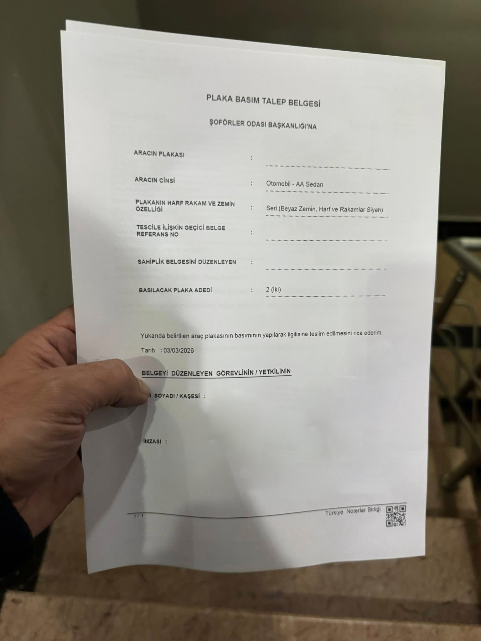 Plaka Basım Evrak Örneği
