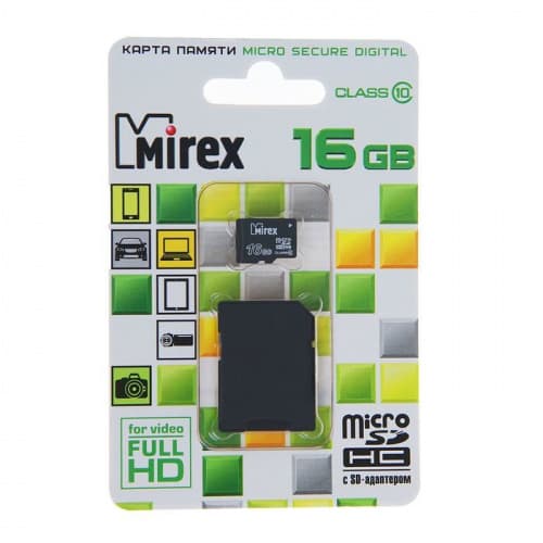 Ф/карта Микро SDHC 16 Гб класс 10 MIREX с адаптером