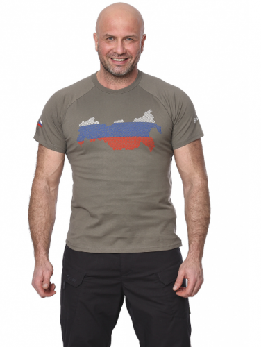 Футболка "Russia"(Россия) (хлопок,олива) (XS/44)