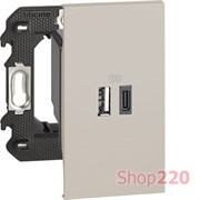Розетка USB на 2 разъёма тип - A/тип - C 3000мА 2 модуля, песочный, Bticino Living Now