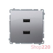 Розетка USB зарядка, двойная, 2.1А, сталь, Basic Simon