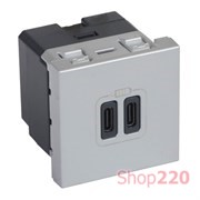 Розетка USB тип С + тип С, алюминий, 2 мод., Mosaic Legrand 79390