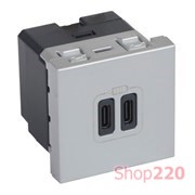 Розетка USB тип А + тип С, алюминий, 2 мод., Mosaic Legrand 79392