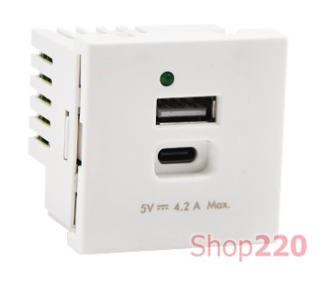 Розетка USB тип А + тип С, двойная, 2 модуля, белый, К45 Simon K126G/9 - фото 101910