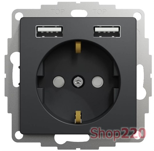 Розетка электрическая с USB тип А+А, черный, Sedna Design - фото 102093