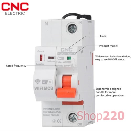 Автомат 20 А, 1 полюс с блоком дистанционного управления по Wi-Fi, YCB9ZF-100W-1P CNC - фото 102613