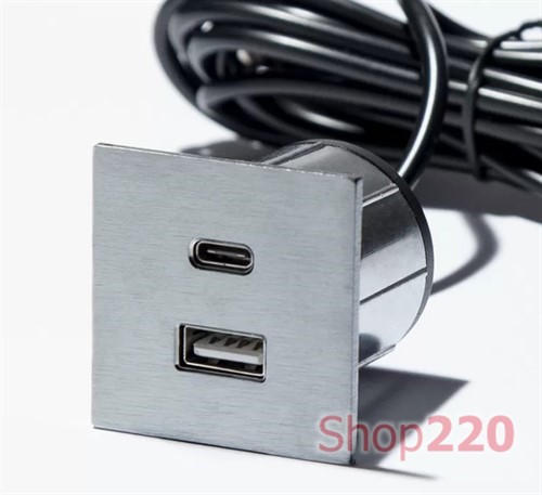 Розетка USB тип А+С в мебель, нержавеющая сталь, Versapick ASA 060.29Z.00041 - фото 102881
