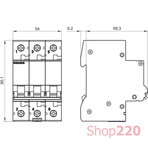Автоматический выключатель 50А, 3-полюсный, уставка С, Siemens - фото 106559