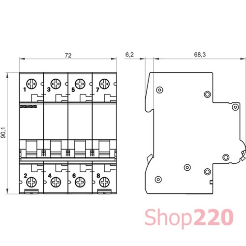 Автоматический выключатель 1А, 4-полюсный, уставка В, Siemens - фото 106751