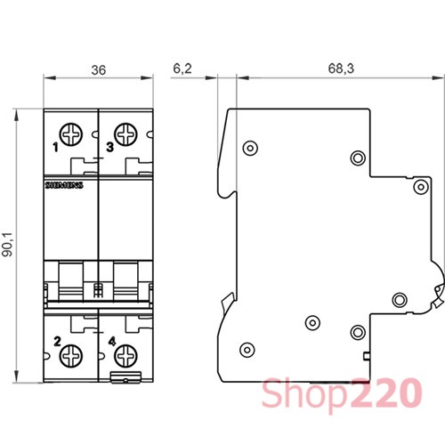 Автоматический выключатель 1А, 2-полюсный, уставка C, Siemens - фото 106847