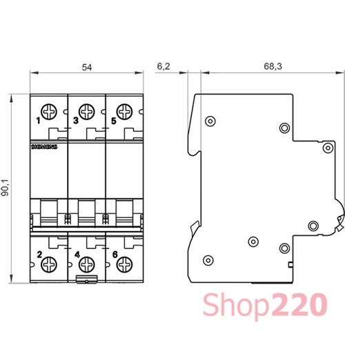 Автоматический выключатель 63А, 3-полюсный, уставка C, Siemens - фото 106946