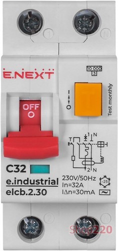 Дифференциальный автоматический выключатель 32А, 30мА, кривая С, тип АС, e.industrial.elcb.2.C32.30 Enext - фото 107404