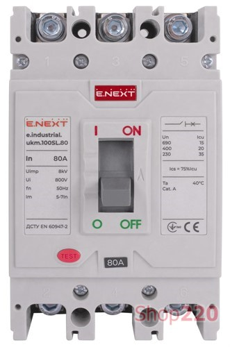 Силовой автоматический выключатель 80 А, 3-фазный, e.industrial.ukm.100SL.80 Enext - фото 107757