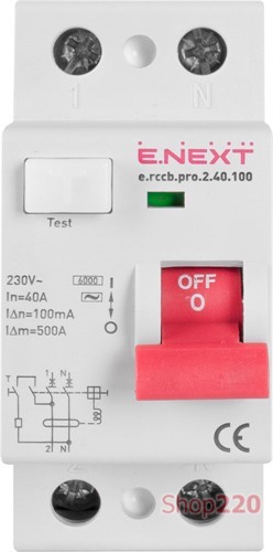Диф. выключатель 40А, 100мА, 2 полюса, тип АС, e.rccb.pro.2.40.100 Enext - фото 108129