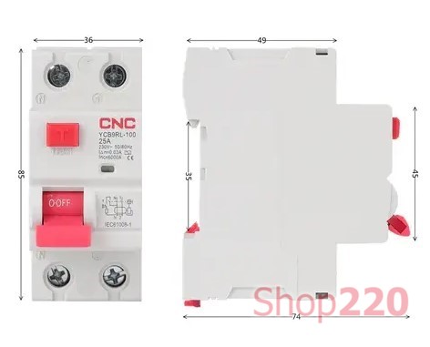 УЗО 25А, 30мА, 2 полюса, тип АС, YCB9RL-100 CNC - фото 108170