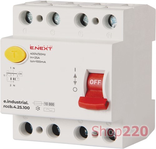 Выключатель дифференциального тока 25А, 100мА, 4 полюса, тип АС, e.industrial.rccb.4.25.100 Enext - фото 111768