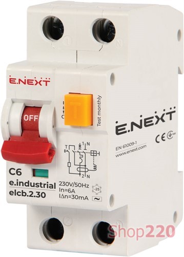 Дифференциальный автоматический выключатель 6А, 30мА, кривая С, тип АС, e.industrial.elcb.2.C06.30 Enext - фото 111809