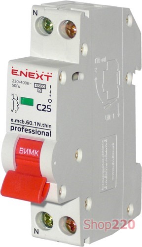 Модульный автоматический выключатель 1р+N, 25А, C, 4,5кА, тонкий, e.mcb.pro.60.1N.С25.thin Enext - фото 115242