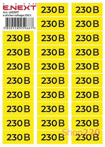 Самоклеящаяся наклейка 230В (90х38мм) 26 шт/лист, e.sticker.voltage.230.2 Enext - фото 120105