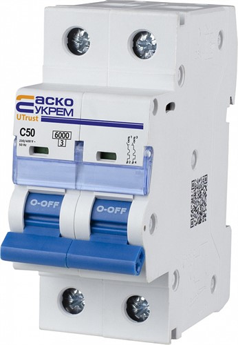 Модульный автоматический выключатель 50А 2р, С, 6kА, UTrust - фото 135593