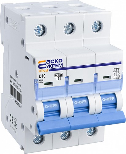 Модульный автоматический выключатель 10А 3р, D, 6kА, UTrust - фото 135859
