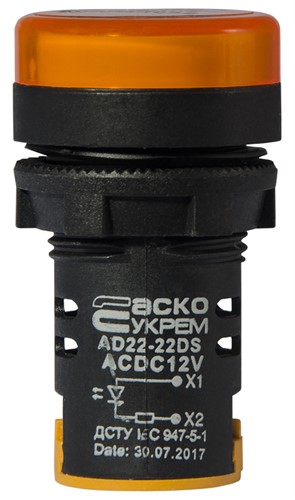 Сигнальная арматура желтая, 12V АC/DC, AD22-22DS - фото 142599