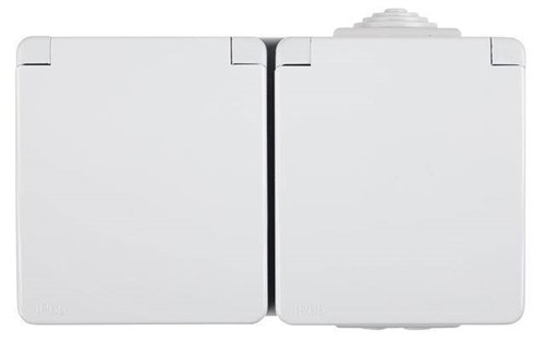Розетка двойная с крышками горизонтальная наружная 2P+Z Schuko Efapel Waterproof 16А/250В, герметичная IP65, белый - фото 152953