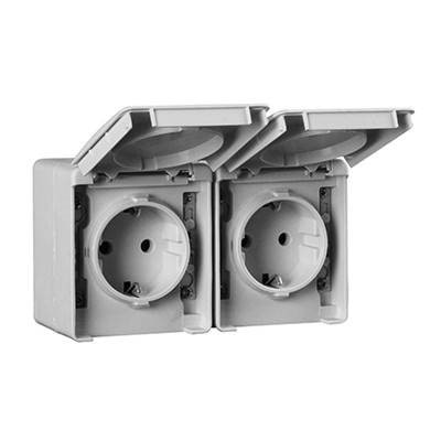 Розетка двойная с крышками горизонтальная наружная 2P+Z Schuko Efapel Waterproof 16А/250В, герметичная IP65, серый - фото 152954