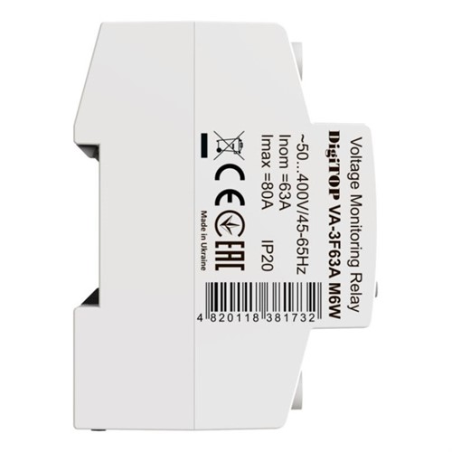 Реле напряжения с контролем тока 63А трехфазное, белая индикация, VA-3F63A M6W DigiTop - фото 159886