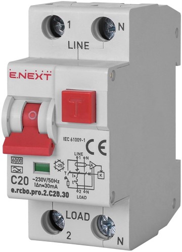 Дифференциальный автомат 20А, 30мА, кривая С, тип А, e.rcbo.pro.2.C20.30 Enext - фото 166478