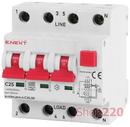 Трехфазный дифавтомат 25А, 30мА, кривая С, тип А, e.rcbo.pro.4.C25.30 Enext - фото 166731