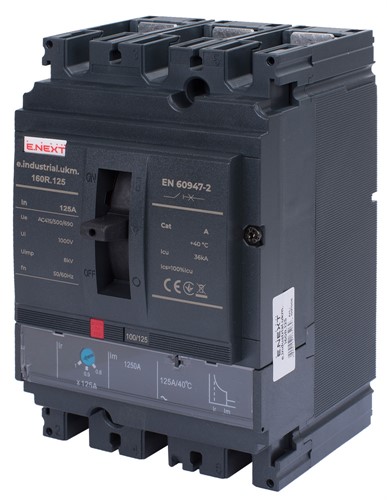 Силовой автоматический выключатель с регулировкой 125А, 3р, e.industrial.ukm.160R.125 - фото 168851